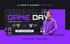 a man in a purple hoodie is standing next to an advertisement for game day