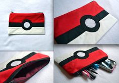 four different views of the inside of a pokemon pokeball pouch with pens and pencils in it