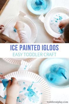 kids are making ice painted gloos with paper plates and blue paint on them