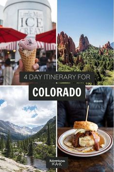 collage of photos with mountains and trees in the background, including an ice cream cone