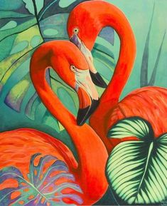 a painting of two flamingos with tropical leaves in the back ground and one bird standing on its hind legs