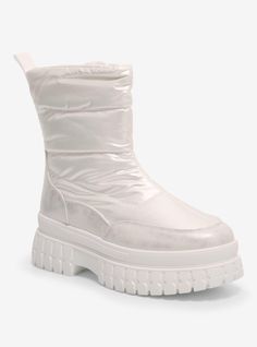 It's giving snow angel. Get ready for winter with these trendy white boots  featuring a white puffer upper design  contrast faux leather framing and thick rubber soles.Listed in women's sizes.Platform: 1 12"Synthetic upper; rubber soleImported Casual White Insulated Boots, White Platform Boots With Lug Sole For Streetwear, White Waterproof Winter Boots, White Insulated Fall Boots, White Winter Platform Boots For Streetwear, White Synthetic Platform Boots For Winter, White Winter Boots For Streetwear, White High-top Boots With Thick Bottom, White Platform Boots For Winter Streetwear