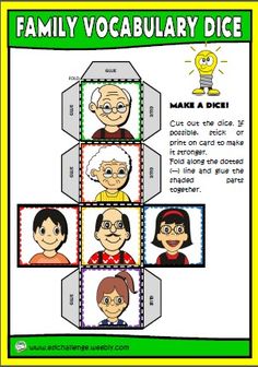 the family vocaculaary dice is shown with four different faces on each side