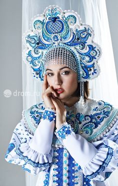 Russian Fashion Russian Kokoshnik, Russian Wedding, Russian Style, Russian Folk, Blue And White Dress, Folk Costume