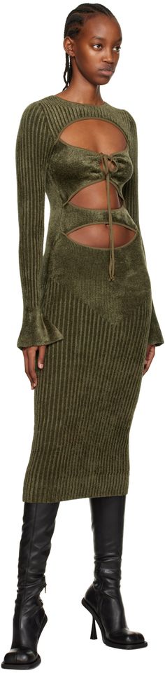 Rib knit viscose-blend dress. · Crewneck · Cutouts and self-tie fastening at front · Vented cuffs Supplier color: Amazonia Cloth Styles, Khaki Midi Dress, Cutout Midi Dress, Lovely Princess, Colour Wheel, Future Wardrobe, Crochet Dresses, Fall 24, Fashion Aesthetics