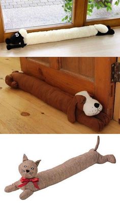 there are two pictures with dogs and cats on them, one has a cat bed in the shape of a dog