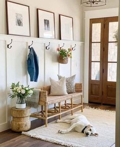 a dog laying on the floor in front of a bench with flowers and pictures above it