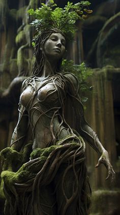 a woman with trees growing on her head and body in a forest like setting, surrounded by moss