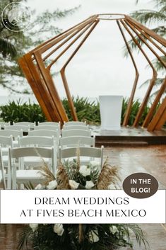 an outdoor ceremony with white chairs and flowers