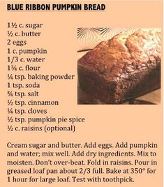 the recipe for blue ribbon pumpkin bread