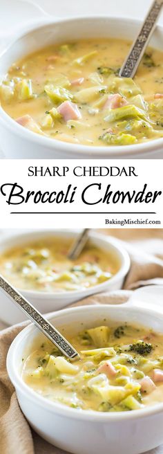 two bowls of broccoli chowder soup with a spoon in one and another bowl on the other