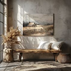 a wooden bench sitting in front of a window next to a wall with a painting on it