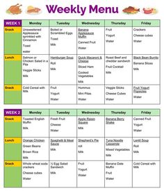 a printable weekly meal planner for kids with food and drinks on the menus