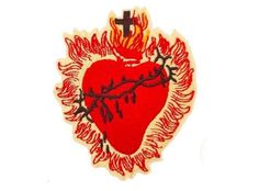 a red heart with flames and a cross on it is embroidered onto a white background