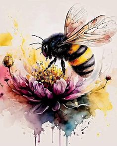 a bee sitting on top of a flower with watercolor paint splatters around it