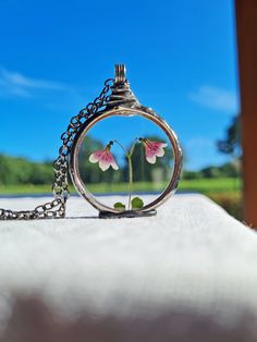 a tiny pink flower in a glass dome on a silver chain hanging from a necklace