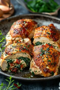 four pieces of chicken with herbs on the side in a black plate next to garlic and parsley