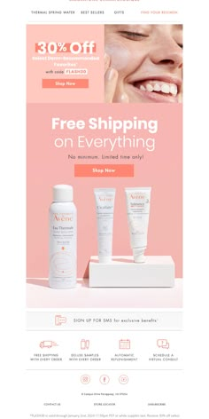 an email page with the words free shipping on everything, and two bottles of sunscreen