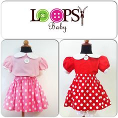 two dresses with polka dots on them, one is pink and the other is red