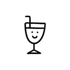 a black and white line drawing of a wine glass with a smiling face on it