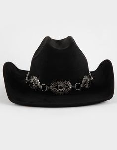 Womens Boho Cowboy Hat - BLACK | Tillys Emo Cowboy Hat, Cowboy Party Hat, Black Western Hat, Black And Gold Cowgirl Outfit, Cowgirl Hats Black, Cowboy Hat Concert Outfit, Rock Cowgirl Outfits, Black Cowboy Hat Outfit Woman, Goth Cowgirl Outfit