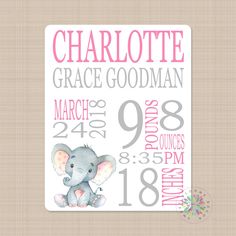 a birth announcement with an elephant on it's back and the words charlotte grace goodman