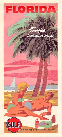 an old florida magazine cover with a man and woman on the beach under a palm tree