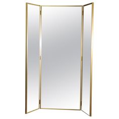 a tall mirror with gold trimmings and an open door in the middle, against a white background