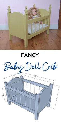 the baby doll crib is shown with measurements