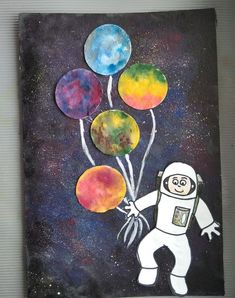 a painting of an astronaut floating in space with balloons