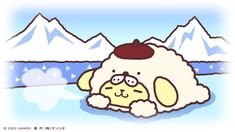 a cartoon dog laying in the snow with mountains in the backgroung it's head