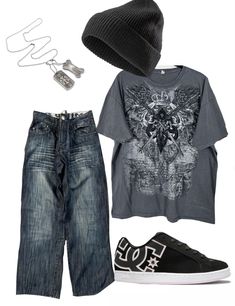 Skater outfit baggy outfit Baggy Rock Outfit, Baggy Jeans Skater Outfit, Skater Punk Aesthetic, Edgar Outfits School, Baggy Skater Outfits, Simple Baggy Outfits, Baggy Emo Outfits, Grunge Streetwear Outfits, Y2k Skater Outfits