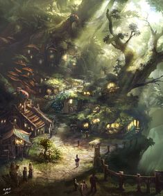 an image of a fantasy village in the middle of the forest with people walking around