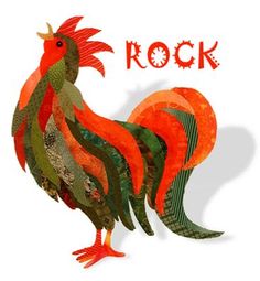 an orange and green rooster with the word rock on it's back side, in front of a white background