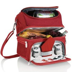 Level up your lunch box game with this Personal Cooler, an insulated picnic/lunch cooler for one with top and bottom compartments to separate cold foods from warm/room temperature items. This polyester 8-can-capacity picnic bag with an adjustable shoulder strap and grab-and-go handle also has a secret compartment containing stainless steel silverware, frosted glass salt & pepper shakers, and a red 100% cotton napkin. Zippered mesh pockets on each side provide the perfect space for keys, wallets, Picnic Backpack, Stainless Steel Silverware, Picnic Tote, Cooler Tote Bag, Cooler Tote, Cold Food, Sac Lunch