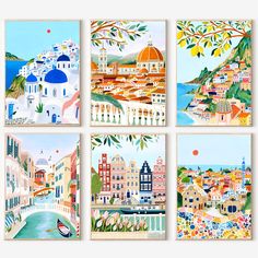 four paintings of different buildings and boats on the water