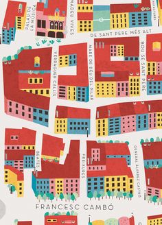 an illustrated map of the city of san francisco, with colorful buildings and trees on it