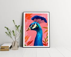 a painting of a blue peacock on a pink background next to a potted plant