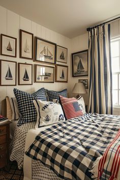 a bed room with a neatly made bed and many pictures on the wall above it