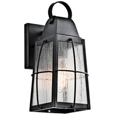 an outdoor wall light that is black and has frosted glass panels on the side