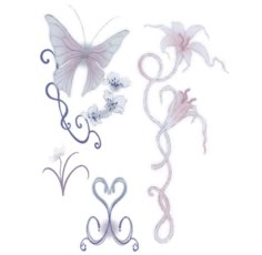 some pretty butterflies and swirls on a white background