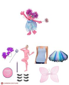 an assortment of costume and accessories including a pink troll doll, purple hair, blue dress, butterfly wands