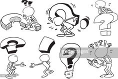 cartoon characters with question marks on their faces and hands, including one person holding a light bulb