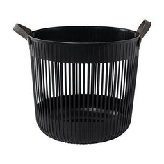 a black plastic basket with handles on the side and an oval handle at the top