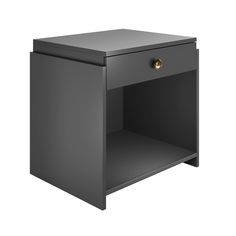 a black cabinet with an open drawer on the bottom and one door at the top