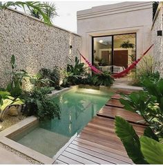 a pool surrounded by greenery next to a stone wall with a hammock hanging from it