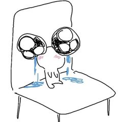 a drawing of a person sitting on a chair with two balls in their eyes and one eye closed