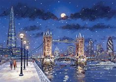 a painting of the london skyline and tower bridge at night with snow falling on the ground