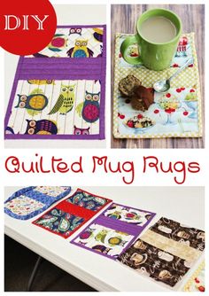 quilted mug rugs and placemats are featured in the book's cover