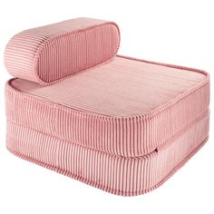 a pink chair that is sitting up against a white background with the seat folded down